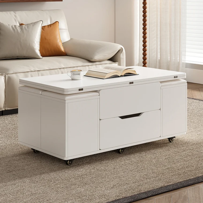 White rectangular lift-top foldable coffee table with hidden stools, storage drawer, and lockable universal wheels