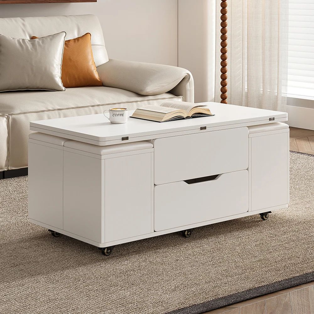 White rectangular lift-top foldable coffee table with hidden stools, storage drawer, and lockable universal wheels