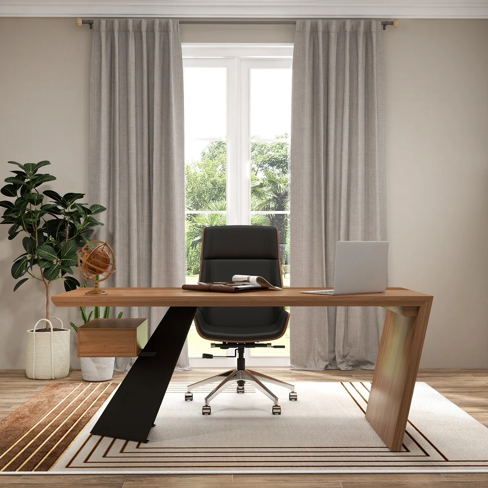 Modern walnut executive desk with solid rubberwood top, triangular metal legs, floating drawer, and open shelf for storage.