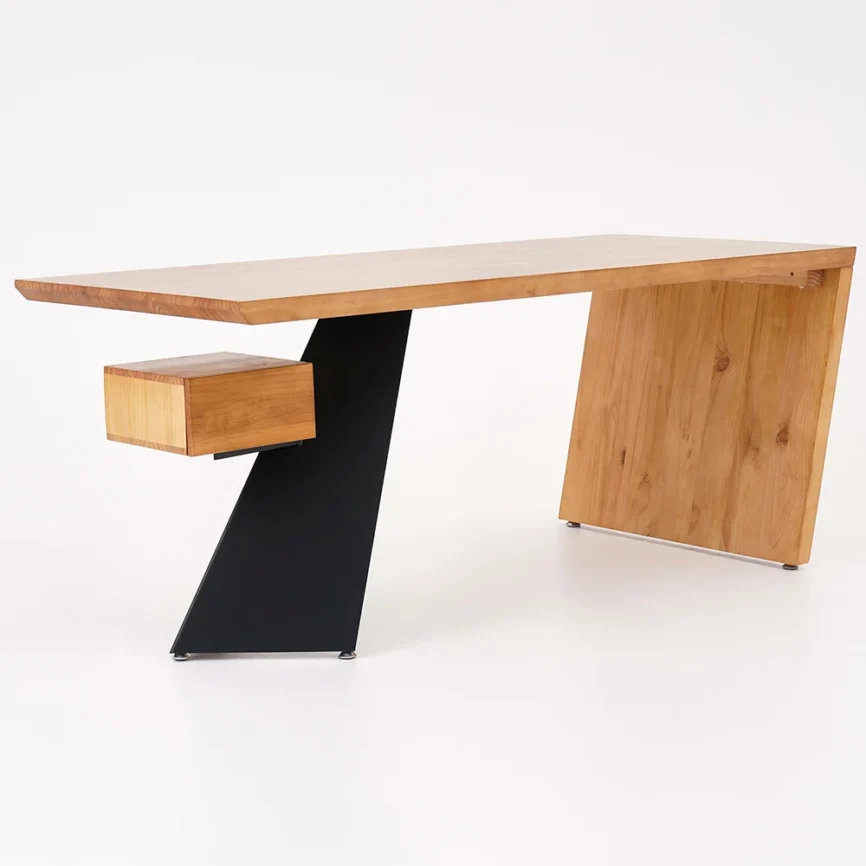 Modern walnut executive desk with solid rubberwood top, triangular metal legs, floating drawer, and open shelf for storage.