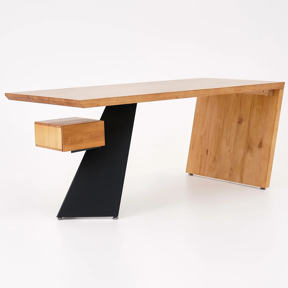 Modern walnut executive desk with solid rubberwood top, triangular metal legs, floating drawer, and open shelf for storage.
