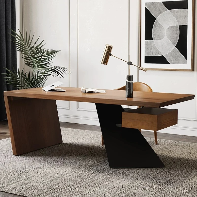 Modern walnut executive desk with solid rubberwood top, triangular metal legs, floating drawer, and open shelf for storage.