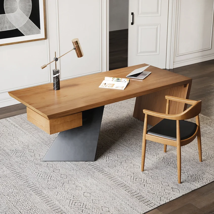 Modern walnut executive desk with solid rubberwood top, triangular metal legs, floating drawer, and open shelf for storage.