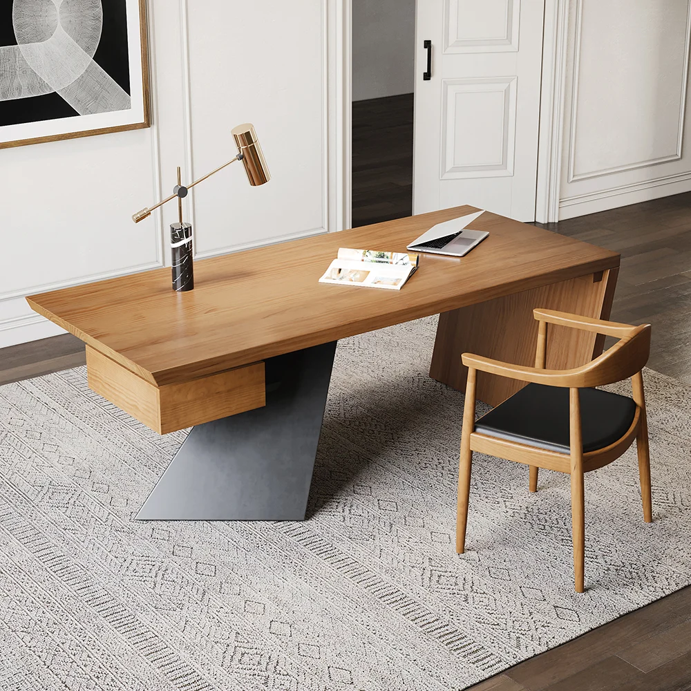 Modern walnut executive desk with solid rubberwood top, triangular metal legs, floating drawer, and open shelf for storage.