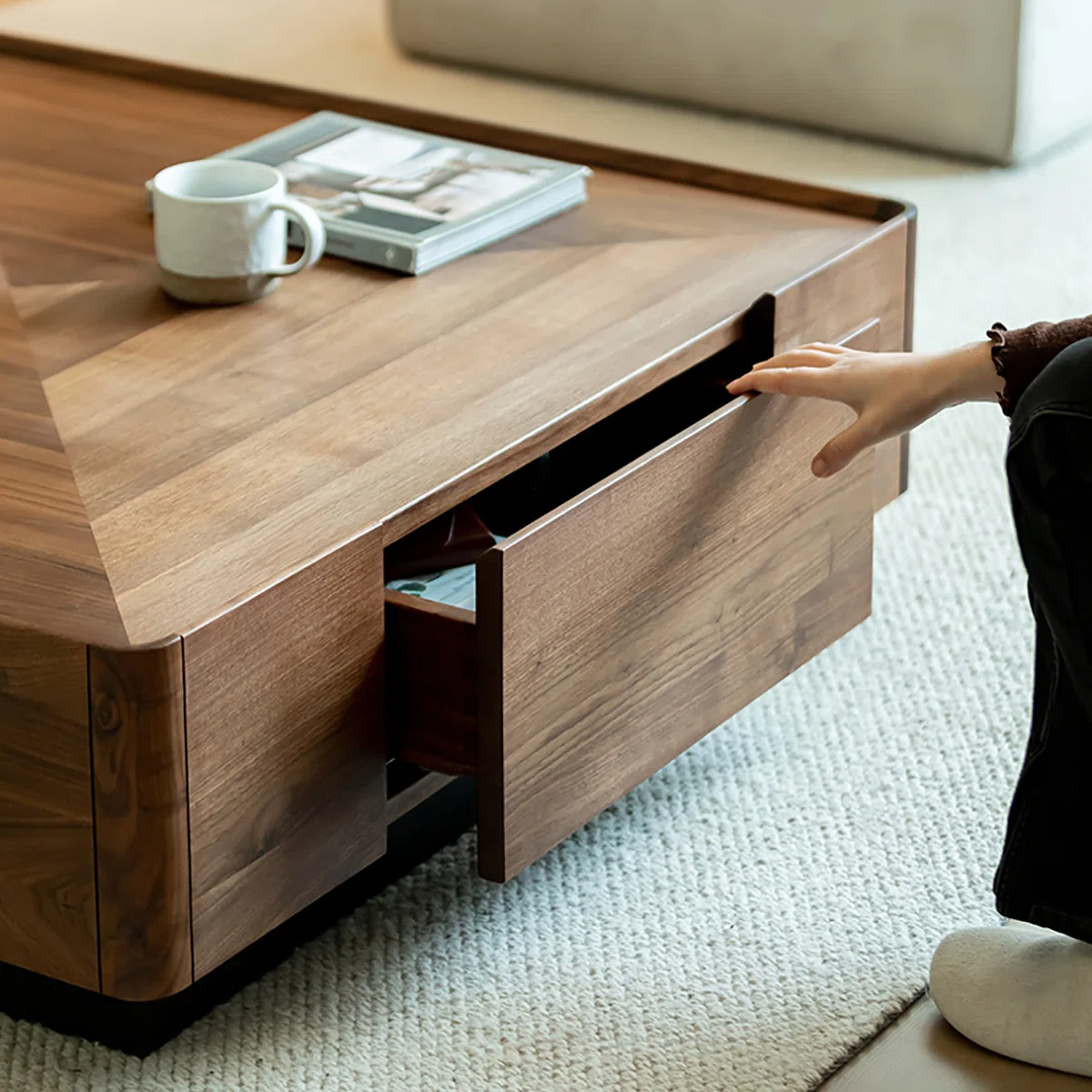 Solid wood square coffee table in dark walnut finish with two drawers, rounded polished edges, and protective wood wax oil coating.
