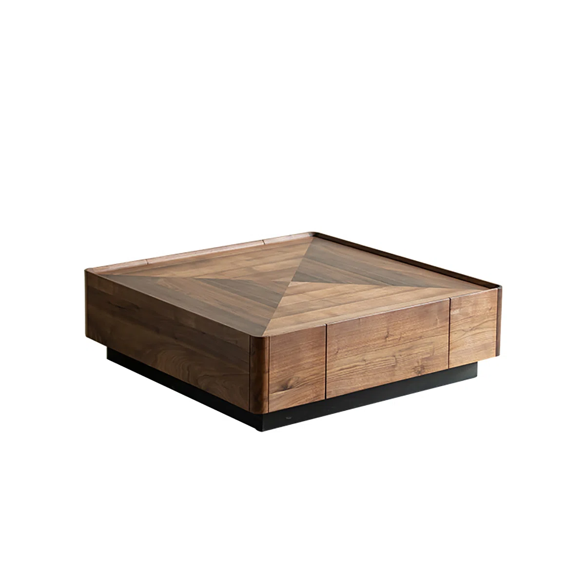 Solid wood square coffee table in dark walnut finish with two drawers, rounded polished edges, and protective wood wax oil coating.