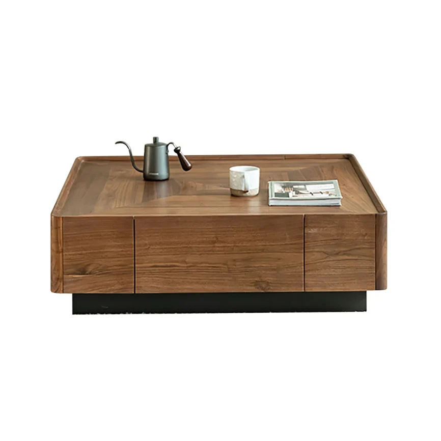 Solid wood square coffee table in dark walnut finish with two drawers, rounded polished edges, and protective wood wax oil coating.