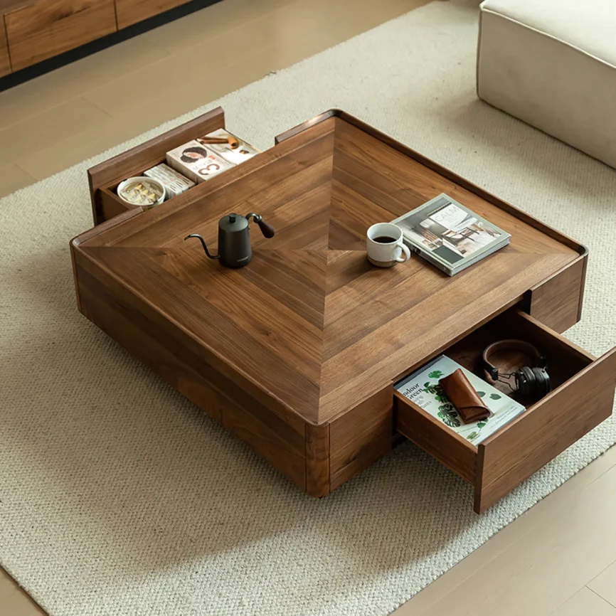 Solid wood square coffee table in dark walnut finish with two drawers, rounded polished edges, and protective wood wax oil coating.