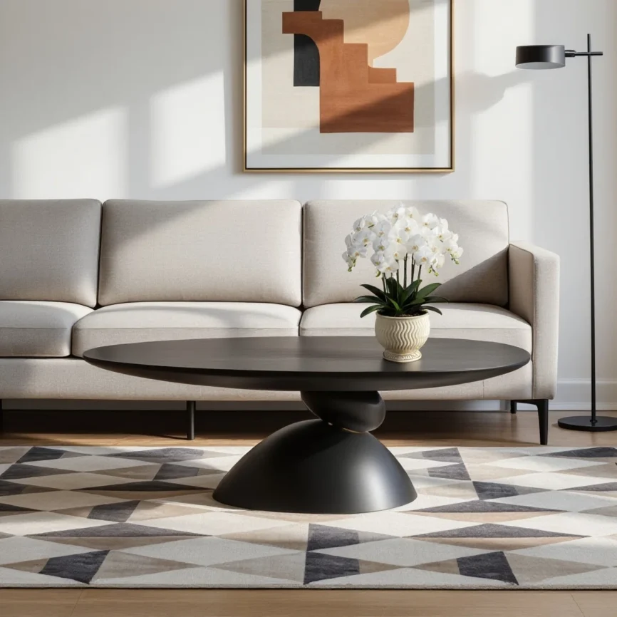 The Zenith Stone Oval Coffee Table is a sculptural centerpiece inspired by Tibetan stone-stacking rituals, symbolizing harmony and good fortune