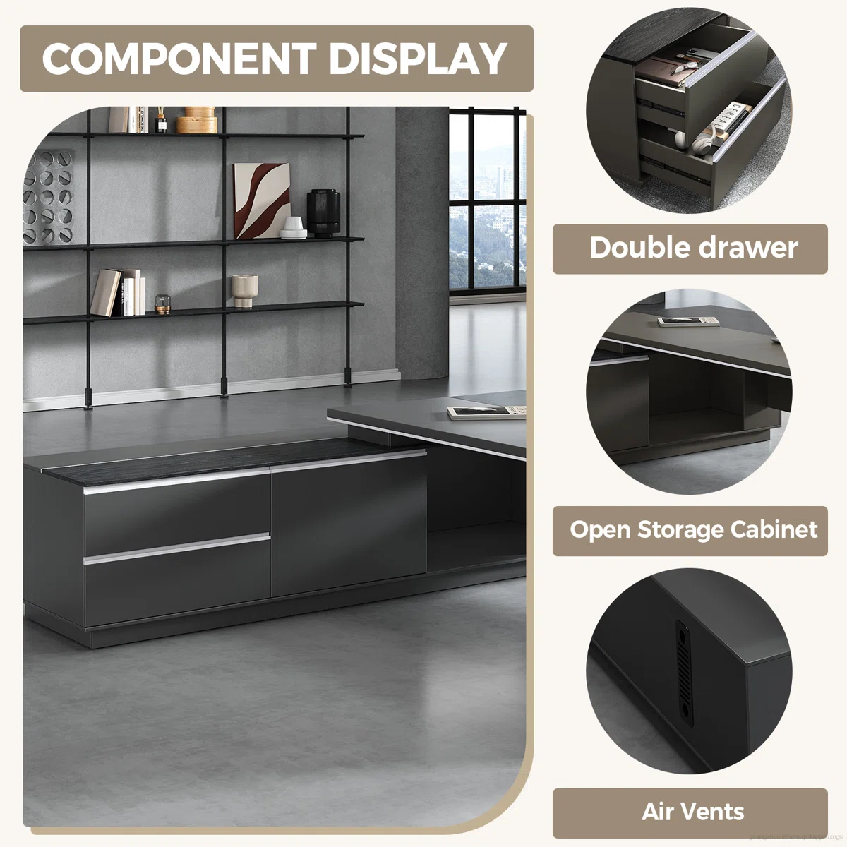 L-shaped executive desk in gray and black with ergonomic design, integrated storage, and cable management system