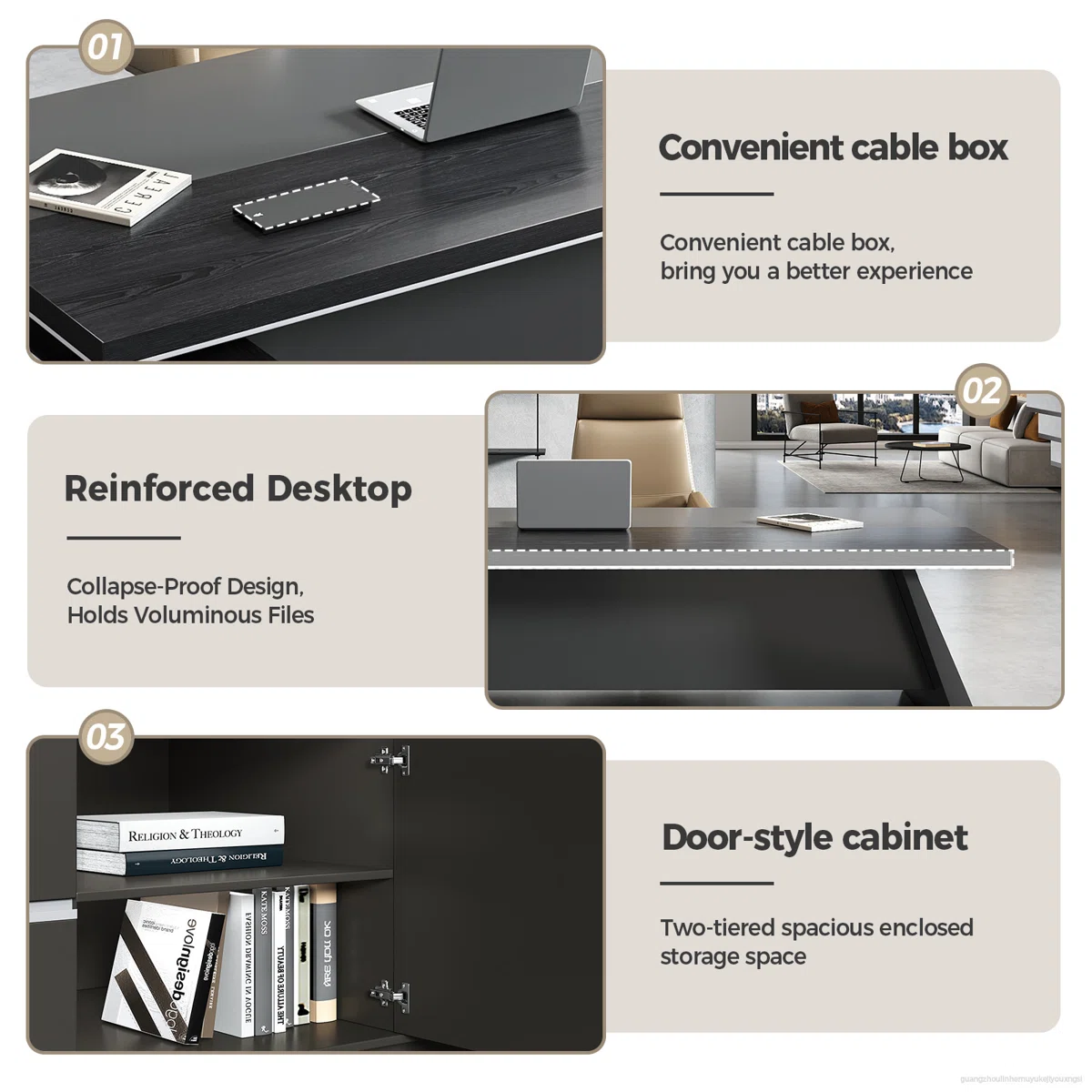 L-shaped executive desk in gray and black with ergonomic design, integrated storage, and cable management system