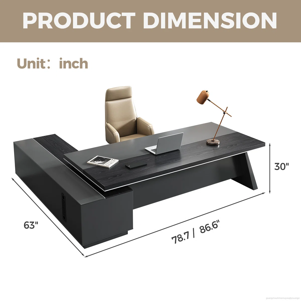 L-shaped executive desk in gray and black with ergonomic design, integrated storage, and cable management system