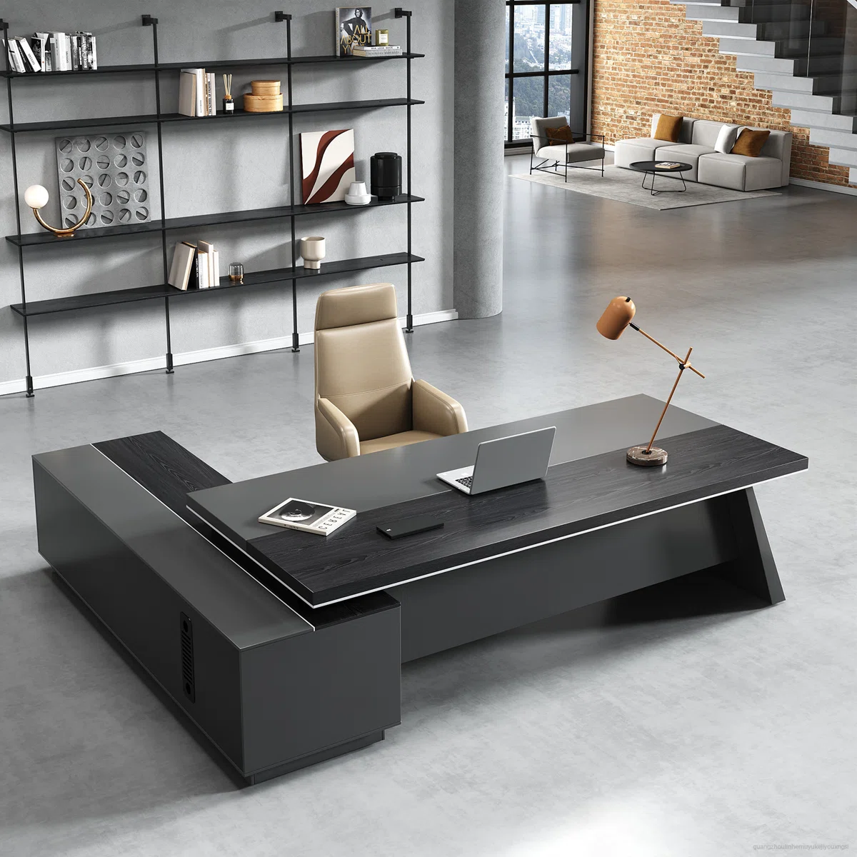 L-shaped executive desk in gray and black with ergonomic design, integrated storage, and cable management system