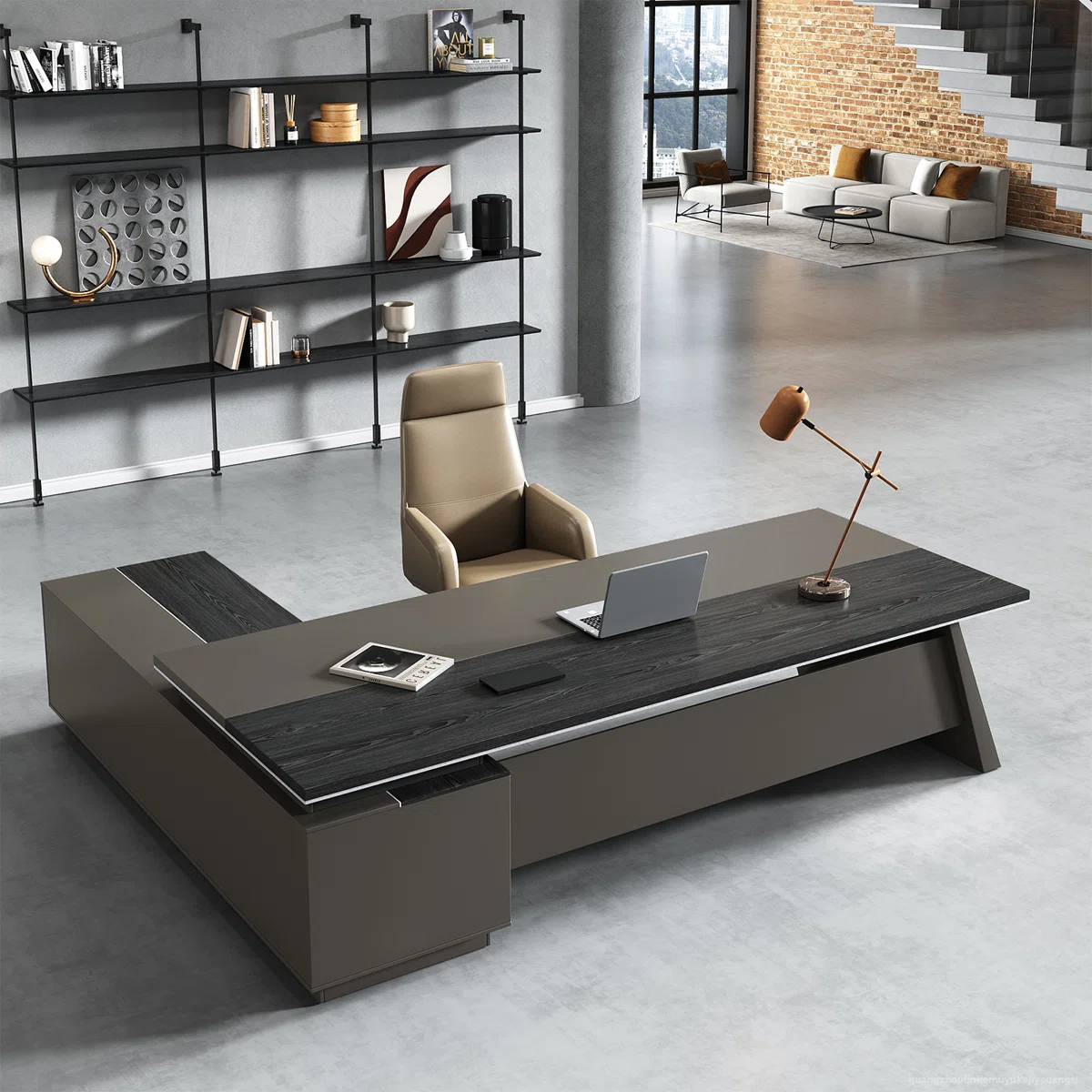 L-shaped executive desk in gray and black with ergonomic design, integrated storage, and cable management system