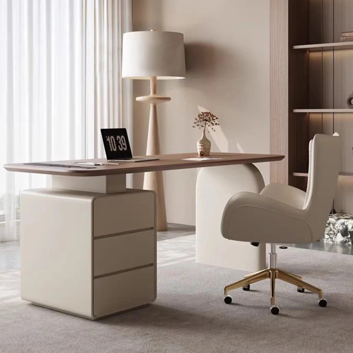 Arden 160 cm modern walnut writing desk with solid wood top, three storage drawers, and rounded corners in a mid-century design