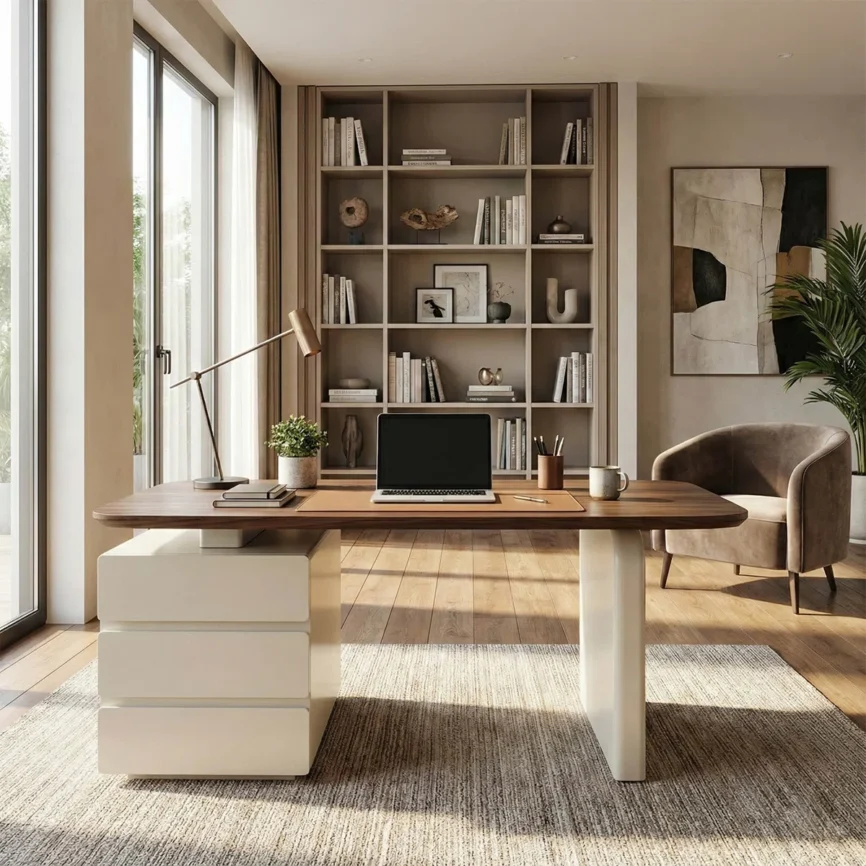 Arden 160 cm modern walnut writing desk with solid wood top, three storage drawers, and rounded corners in a mid-century design
