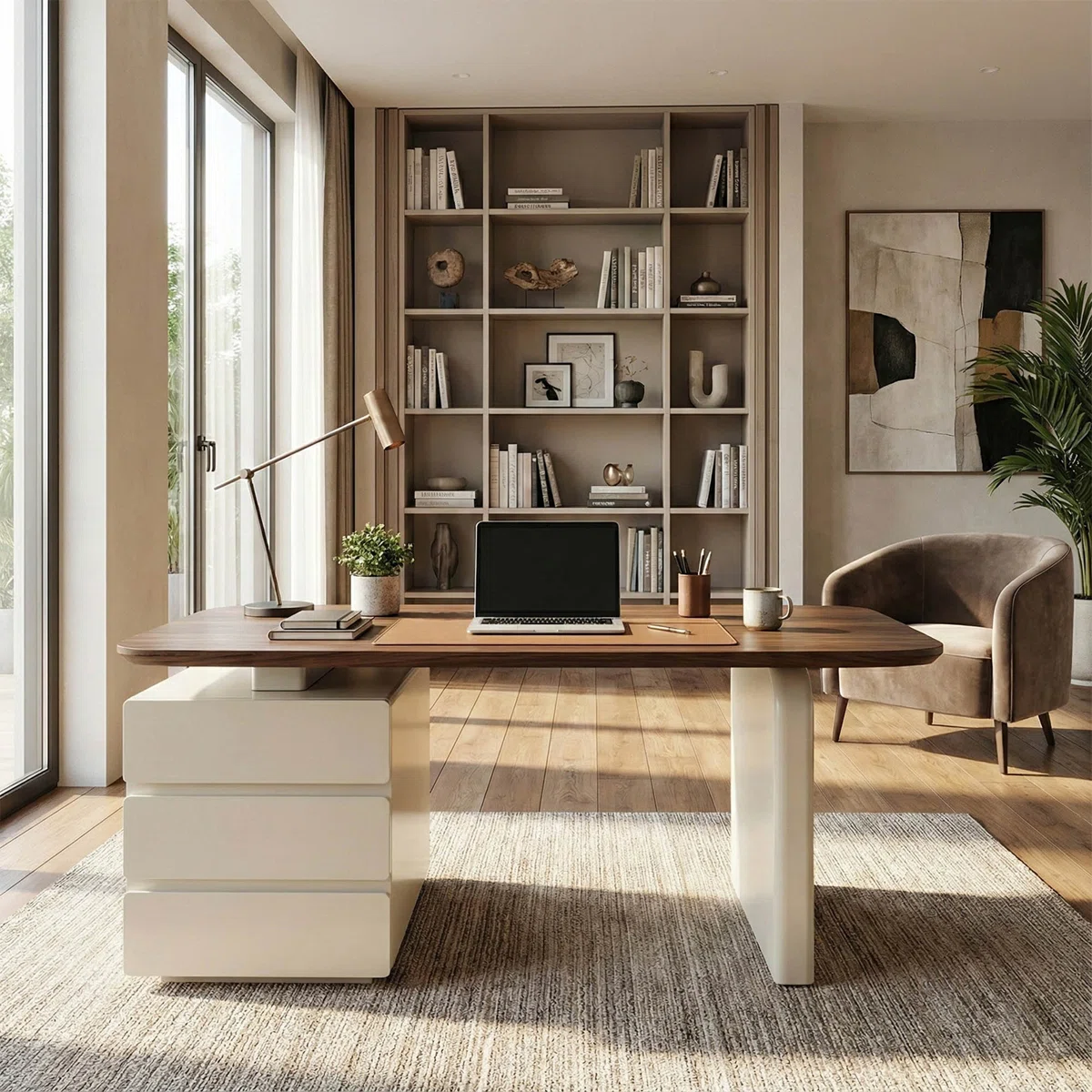 Arden 160 cm modern walnut writing desk with solid wood top, three storage drawers, and rounded corners in a mid-century design