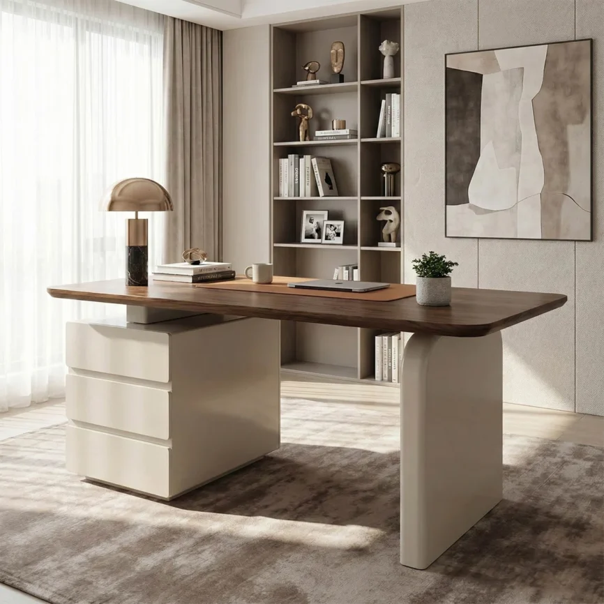 Arden 160 cm modern walnut writing desk with solid wood top, three storage drawers, and rounded corners in a mid-century design