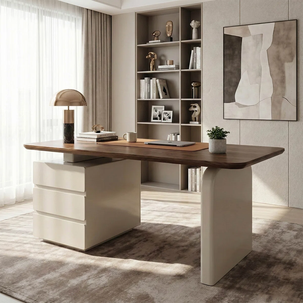 Arden 160 cm modern walnut writing desk with solid wood top, three storage drawers, and rounded corners in a mid-century design