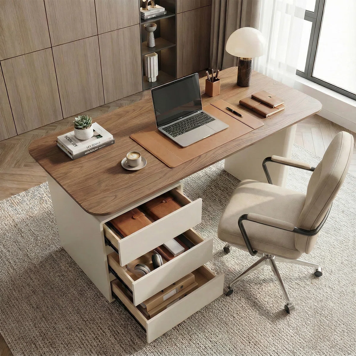 Arden 160 cm modern walnut writing desk with solid wood top, three storage drawers, and rounded corners in a mid-century design