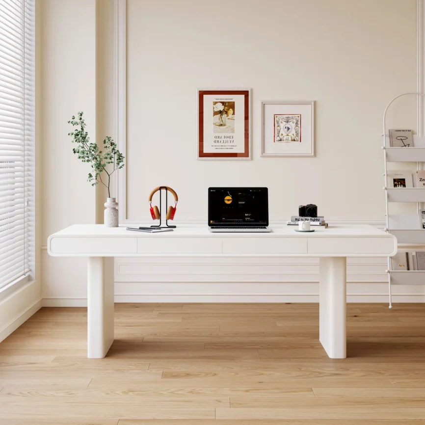 Aurea modern ivory storage desk with spacious 160 cm top, four drawers, and cable management, designed for contemporary home offices