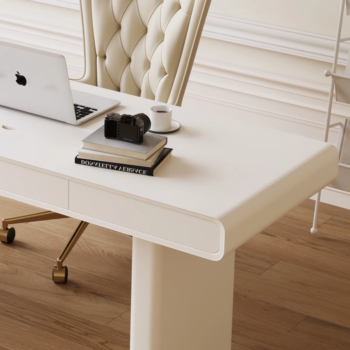 Aurea modern ivory storage desk with spacious 160 cm top, four drawers, and cable management, designed for contemporary home offices