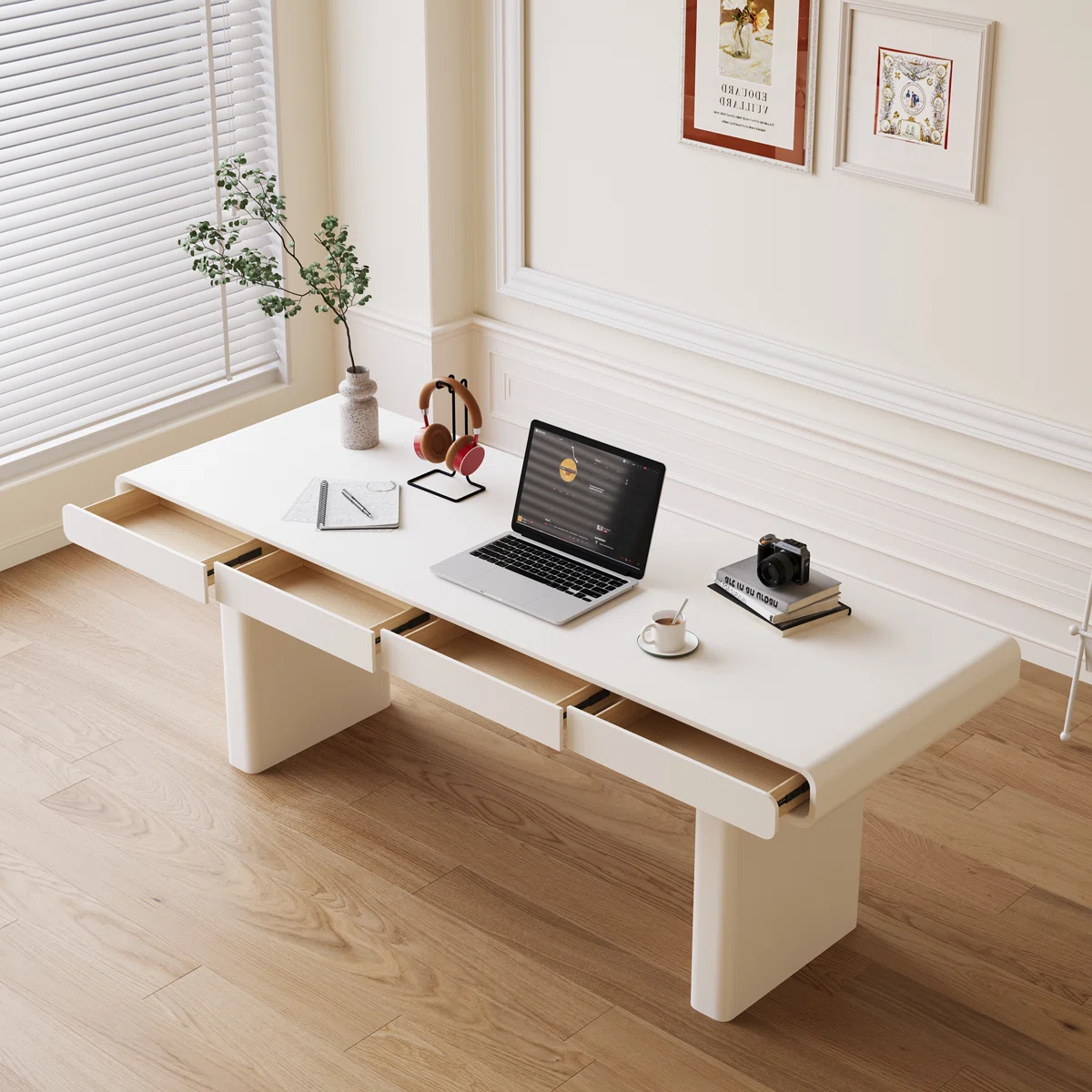 Aurea modern ivory storage desk with spacious 160 cm top, four drawers, and cable management, designed for contemporary home offices