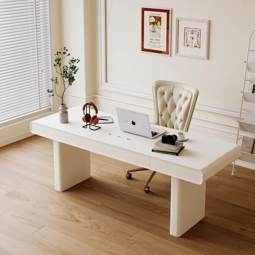 Aurea modern ivory storage desk with spacious 160 cm top, four drawers, and cable management, designed for contemporary home offices