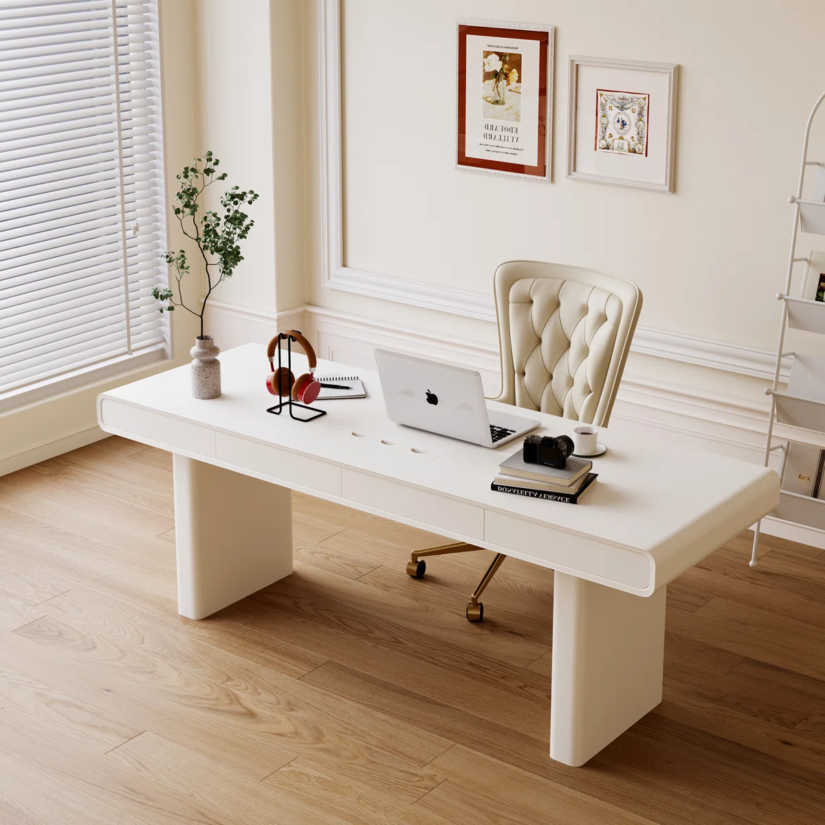 Aurea modern ivory storage desk with spacious 160 cm top, four drawers, and cable management, designed for contemporary home offices