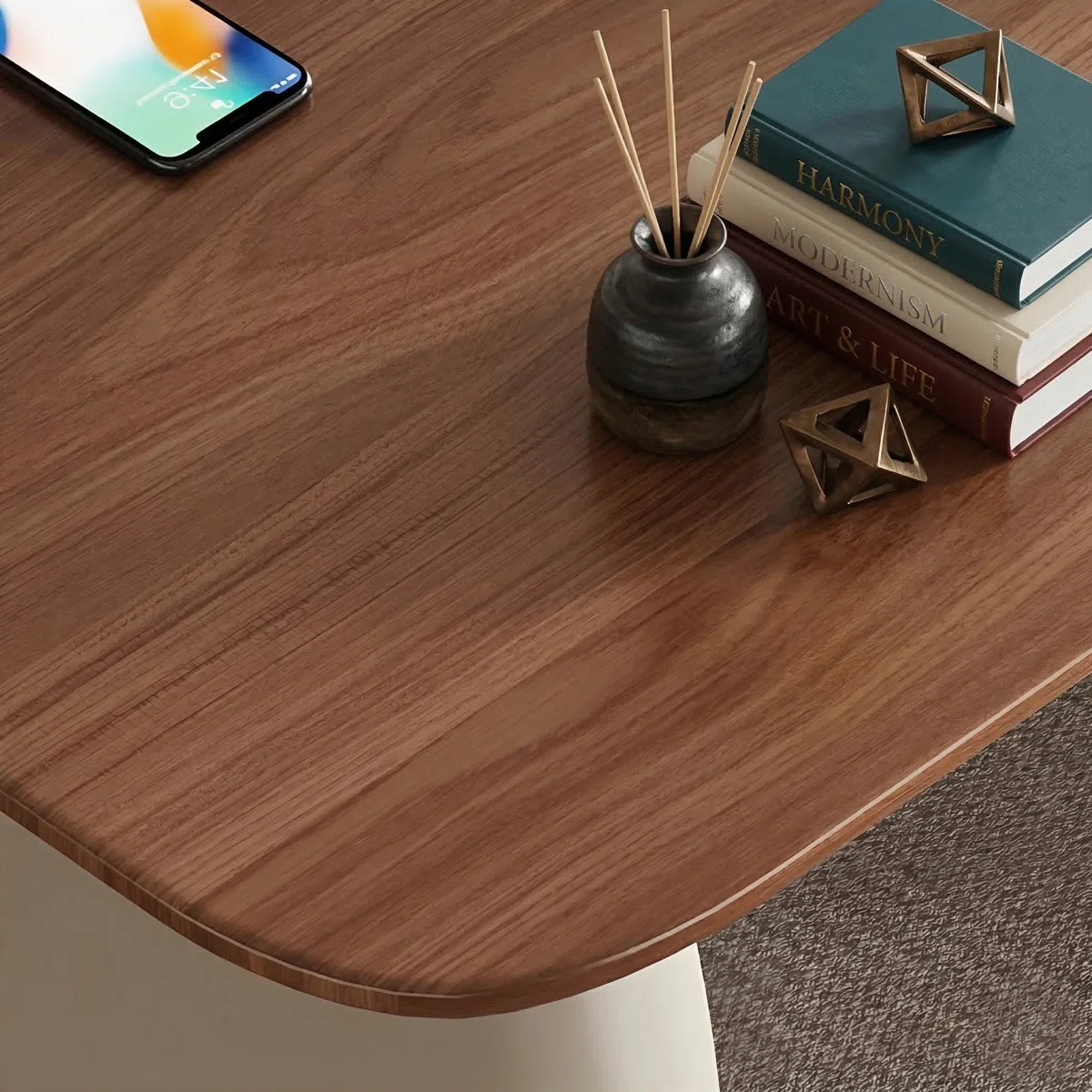 Aurelia modern wood writing desk with 180 cm wide desktop and built-in 3-drawer white cabinet, featuring rounded corners and elegant wood-grain finish