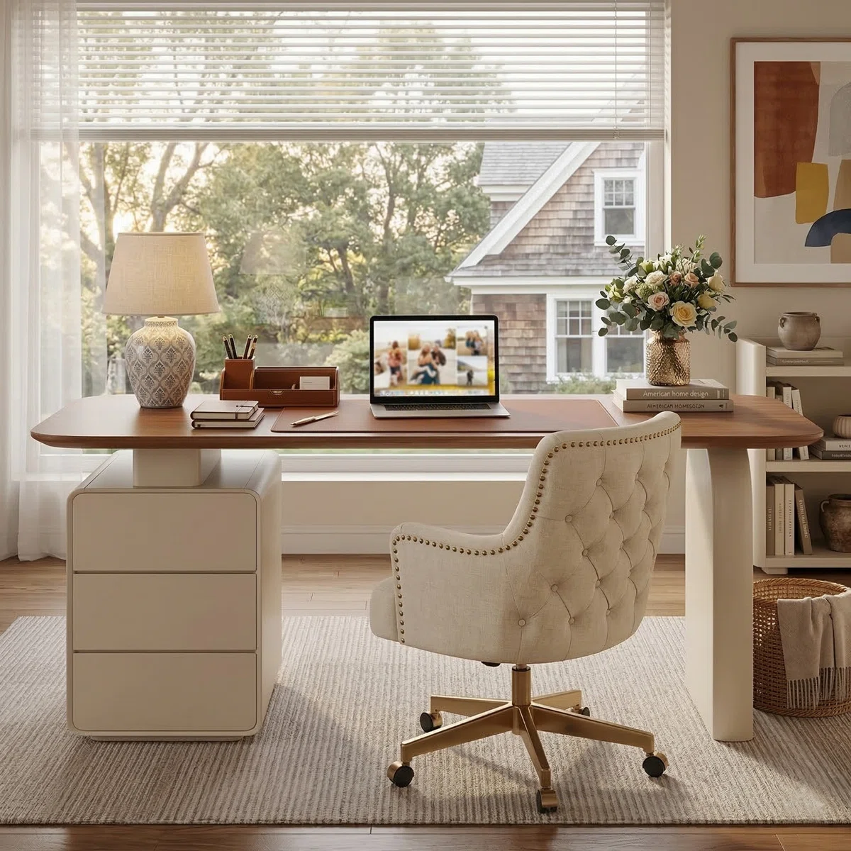 Aurelia modern wood writing desk with 180 cm wide desktop and built-in 3-drawer white cabinet, featuring rounded corners and elegant wood-grain finish