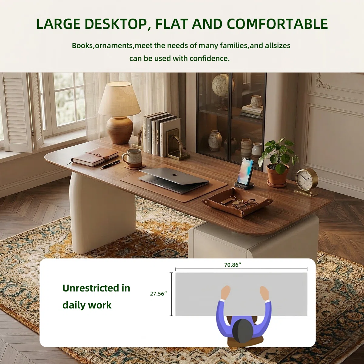 Aurelia modern wood writing desk with 180 cm wide desktop and built-in 3-drawer white cabinet, featuring rounded corners and elegant wood-grain finish