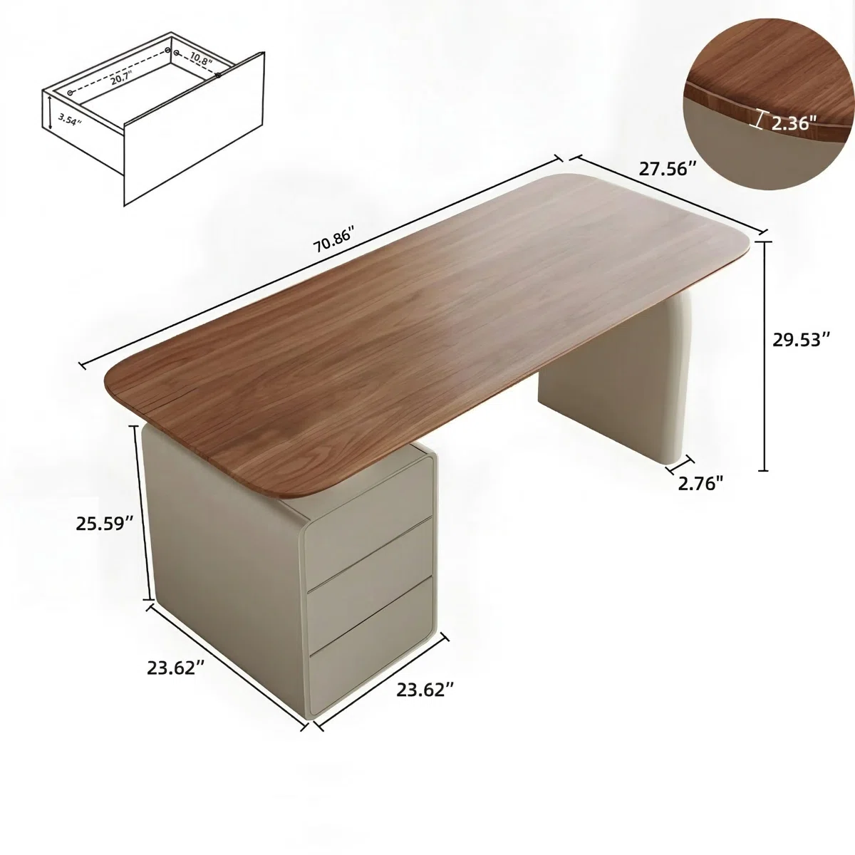 Aurelia modern wood writing desk with 180 cm wide desktop and built-in 3-drawer white cabinet, featuring rounded corners and elegant wood-grain finish