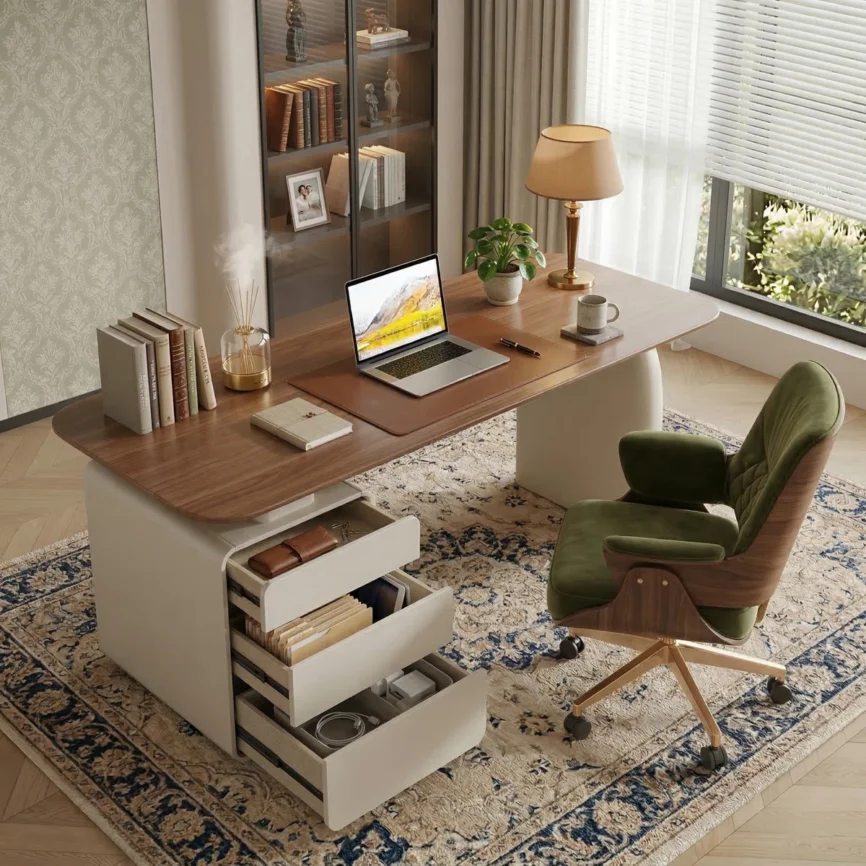Aurelia modern wood writing desk with 180 cm wide desktop and built-in 3-drawer white cabinet, featuring rounded corners and elegant wood-grain finish
