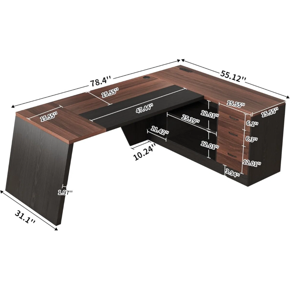 Modern office desk with surge-protected outlets, USB ports, and ergonomic corner design