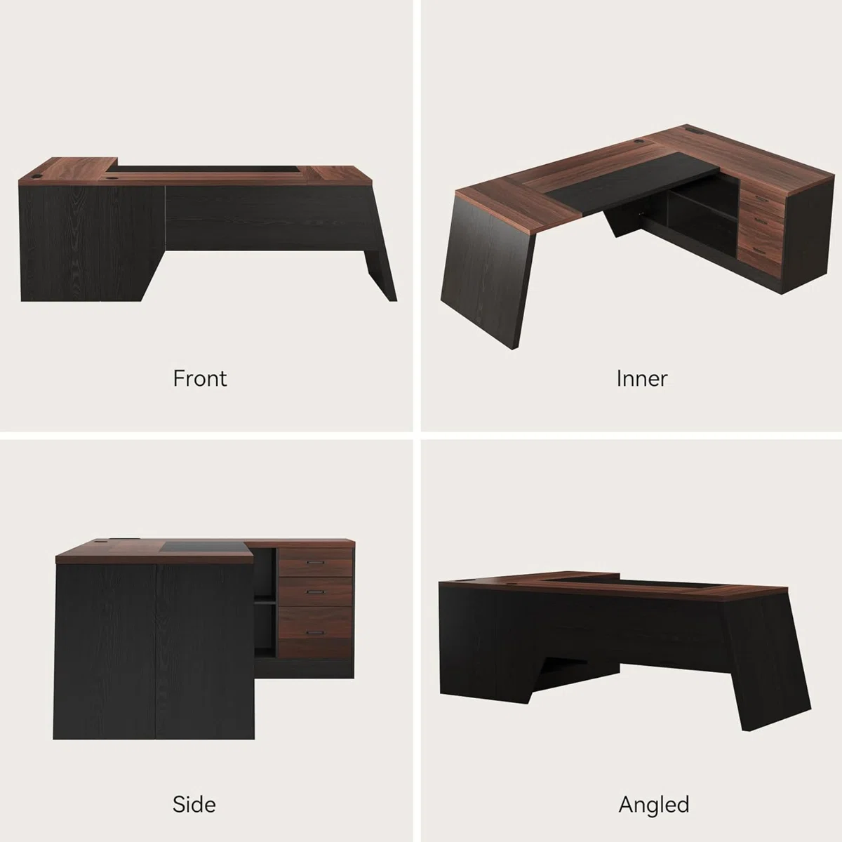 Modern office desk with surge-protected outlets, USB ports, and ergonomic corner design