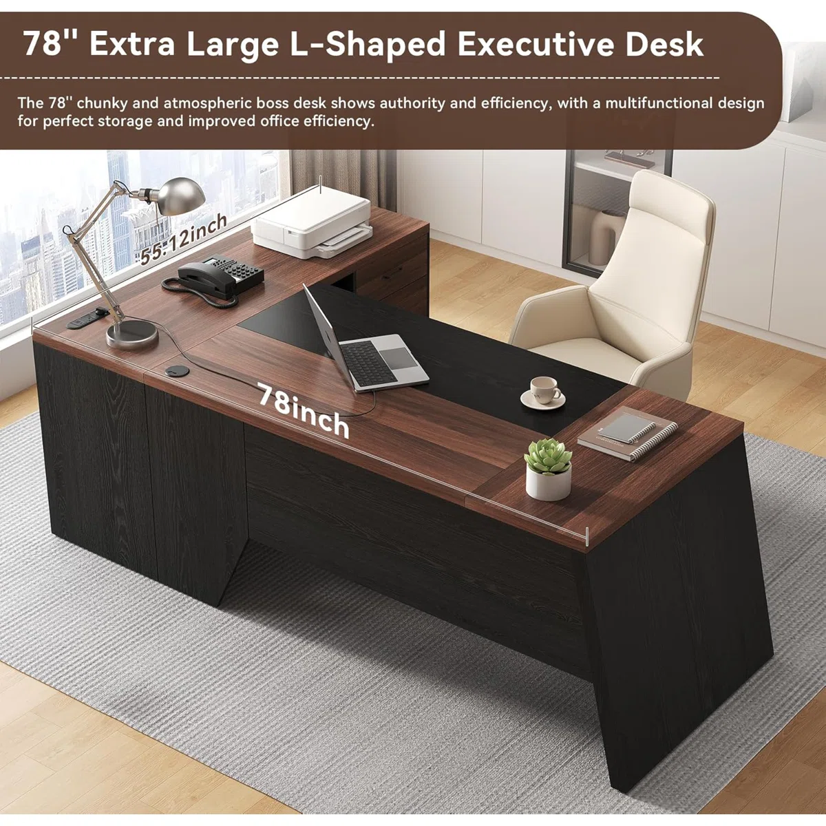 Modern office desk with surge-protected outlets, USB ports, and ergonomic corner design