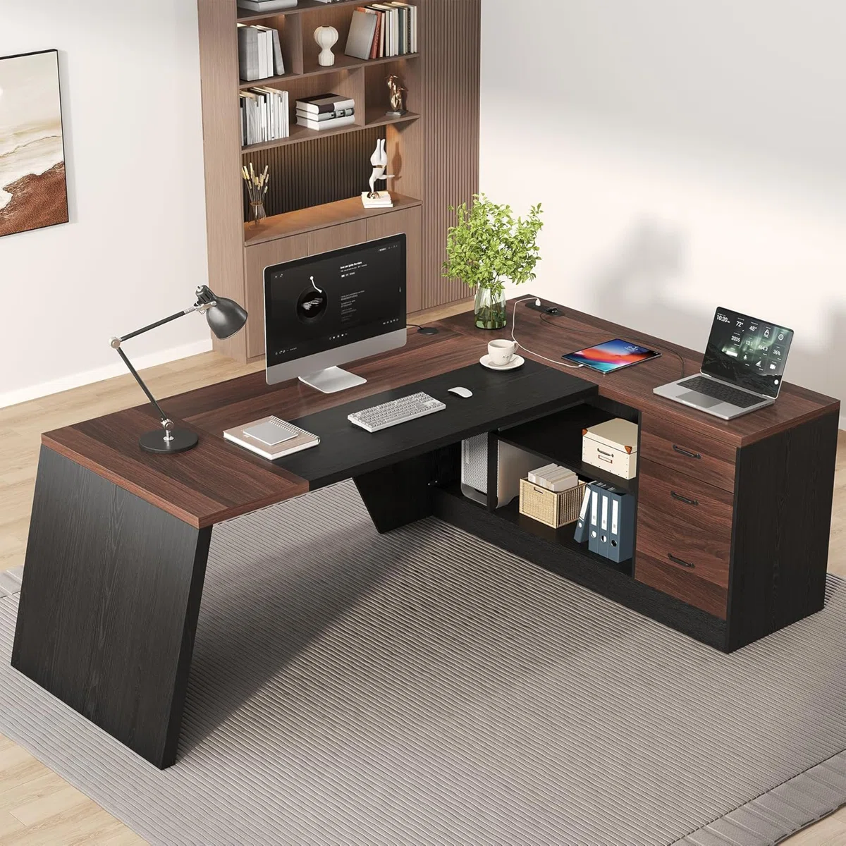 Modern office desk with surge-protected outlets, USB ports, and ergonomic corner design