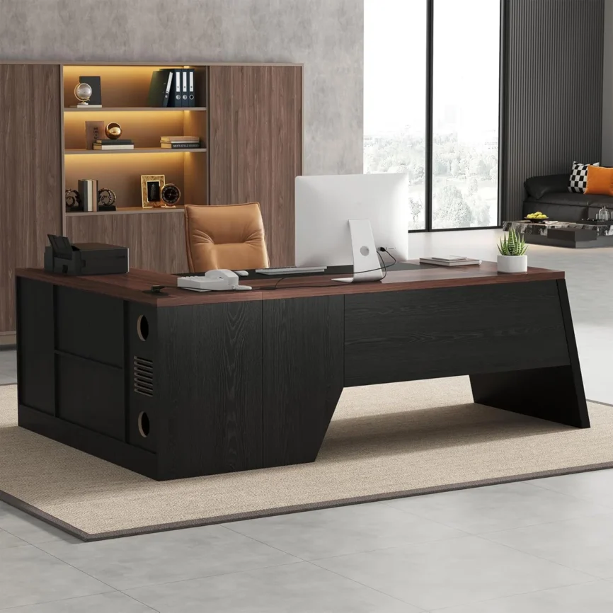 Modern office desk with surge-protected outlets, USB ports, and ergonomic corner design