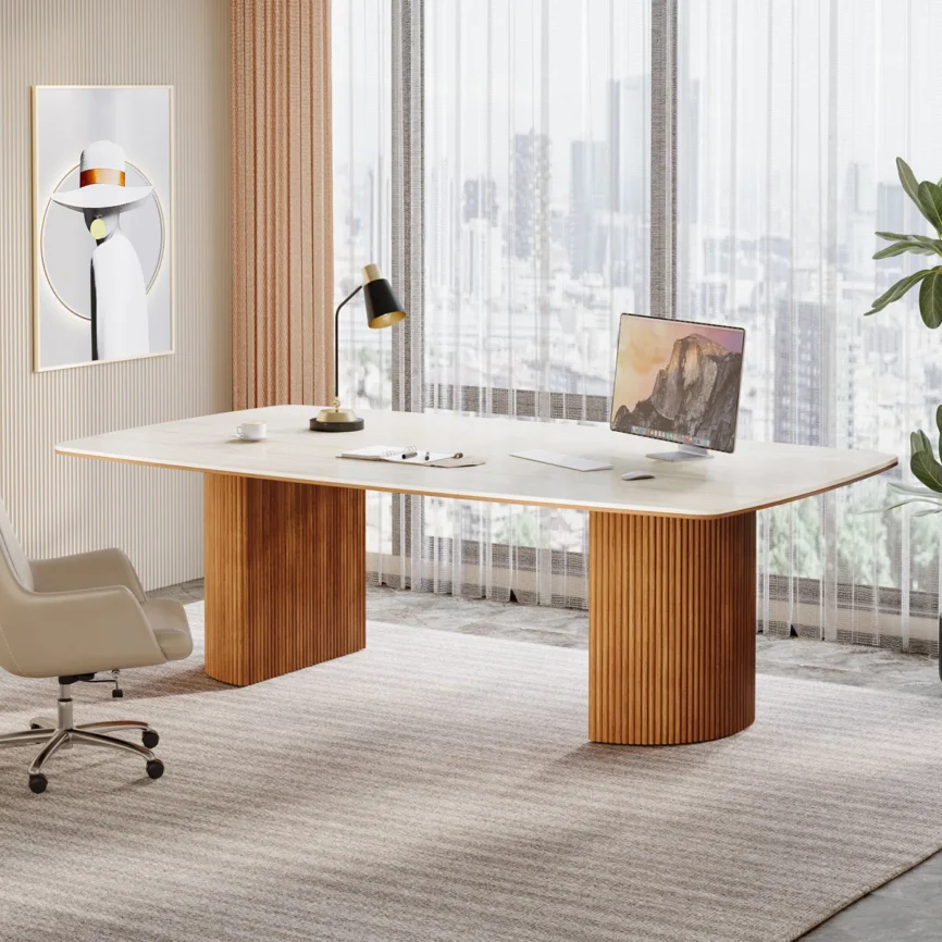 Executive desk with travertine slab top and semi-circular wax wood base in modern design.