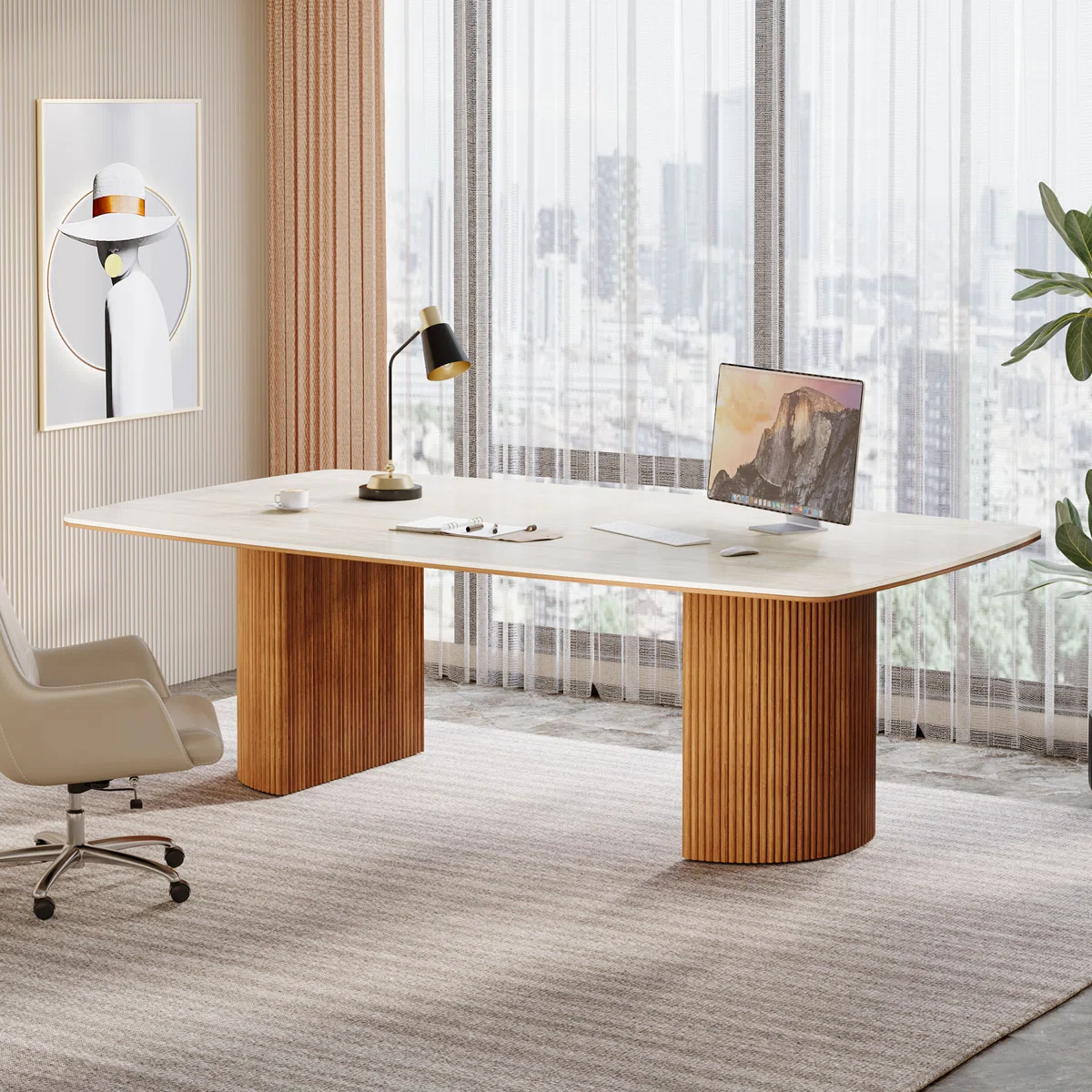 Executive desk with travertine slab top and semi-circular wax wood base in modern design.