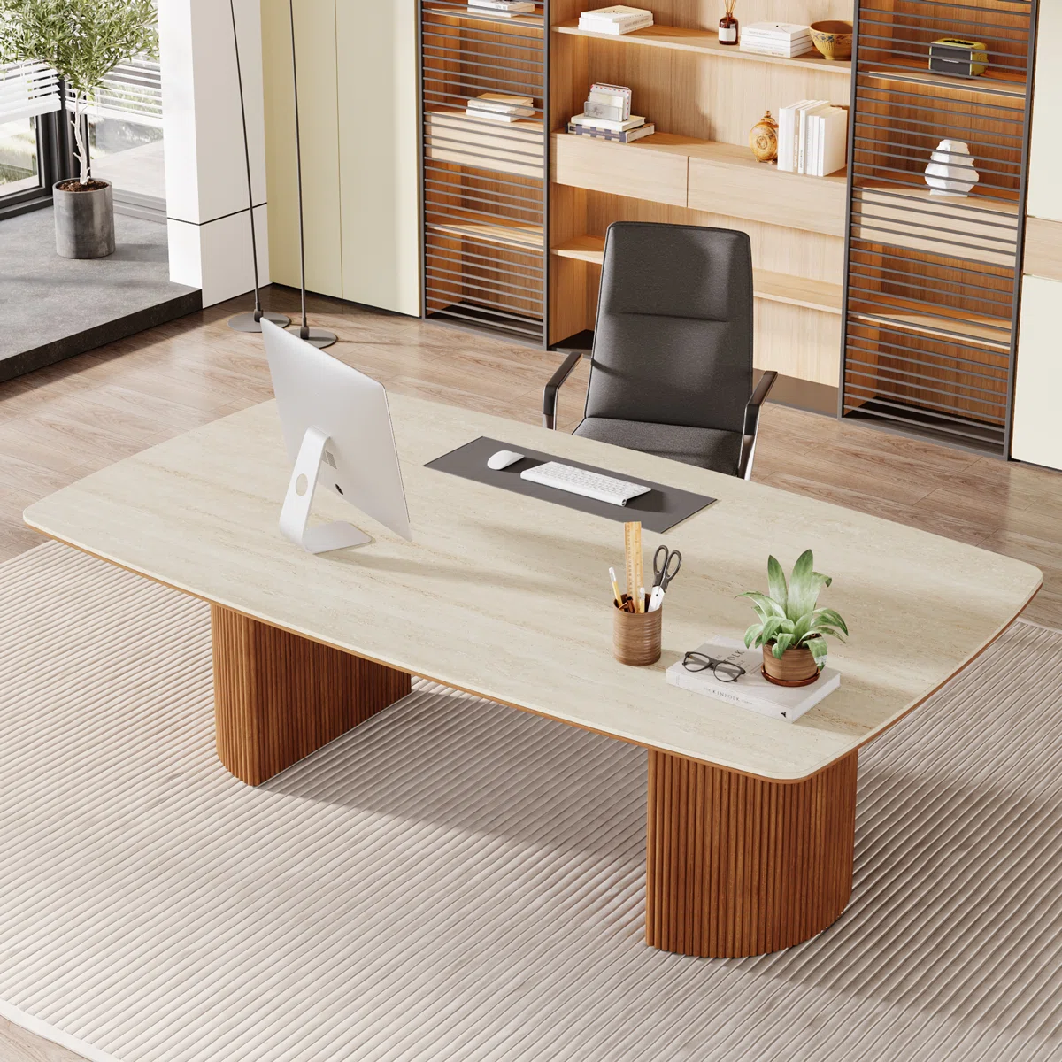 Executive desk with travertine slab top and semi-circular wax wood base in modern design.
