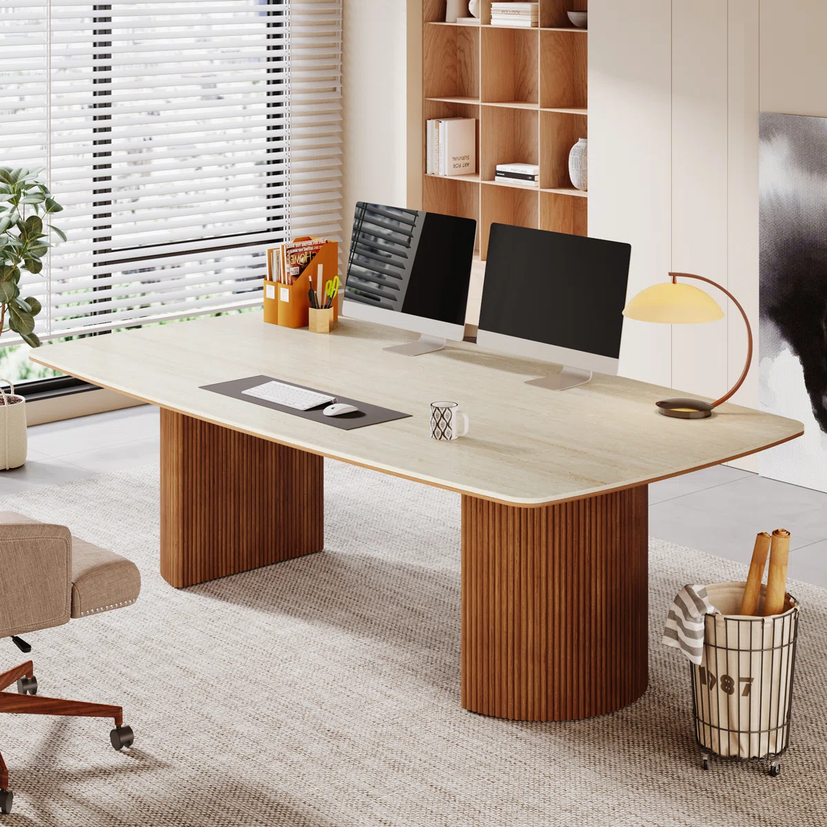 Executive desk with travertine slab top and semi-circular wax wood base in modern design.