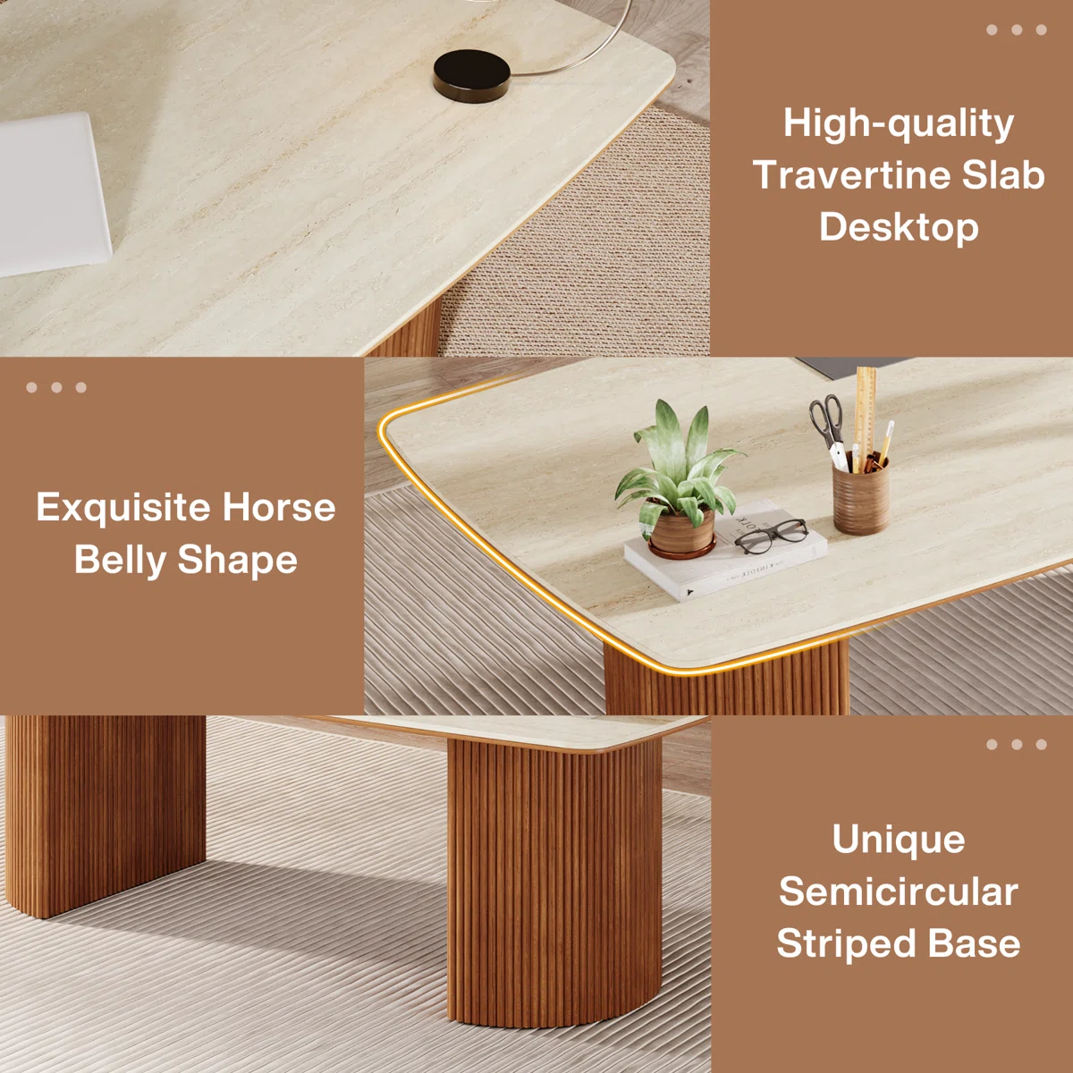 Executive desk with travertine slab top and semi-circular wax wood base in modern design.