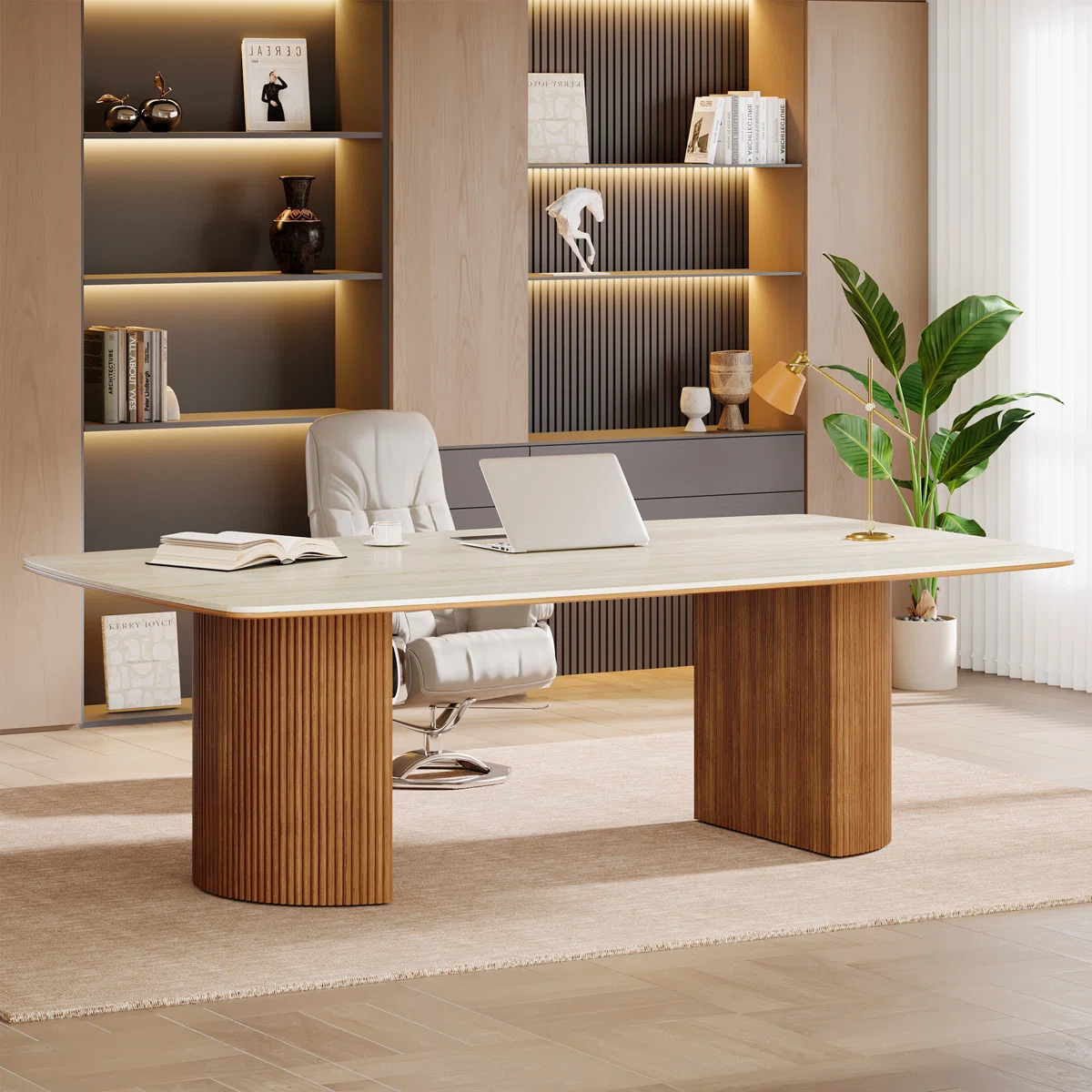 Executive desk with travertine slab top and semi-circular wax wood base in modern design.
