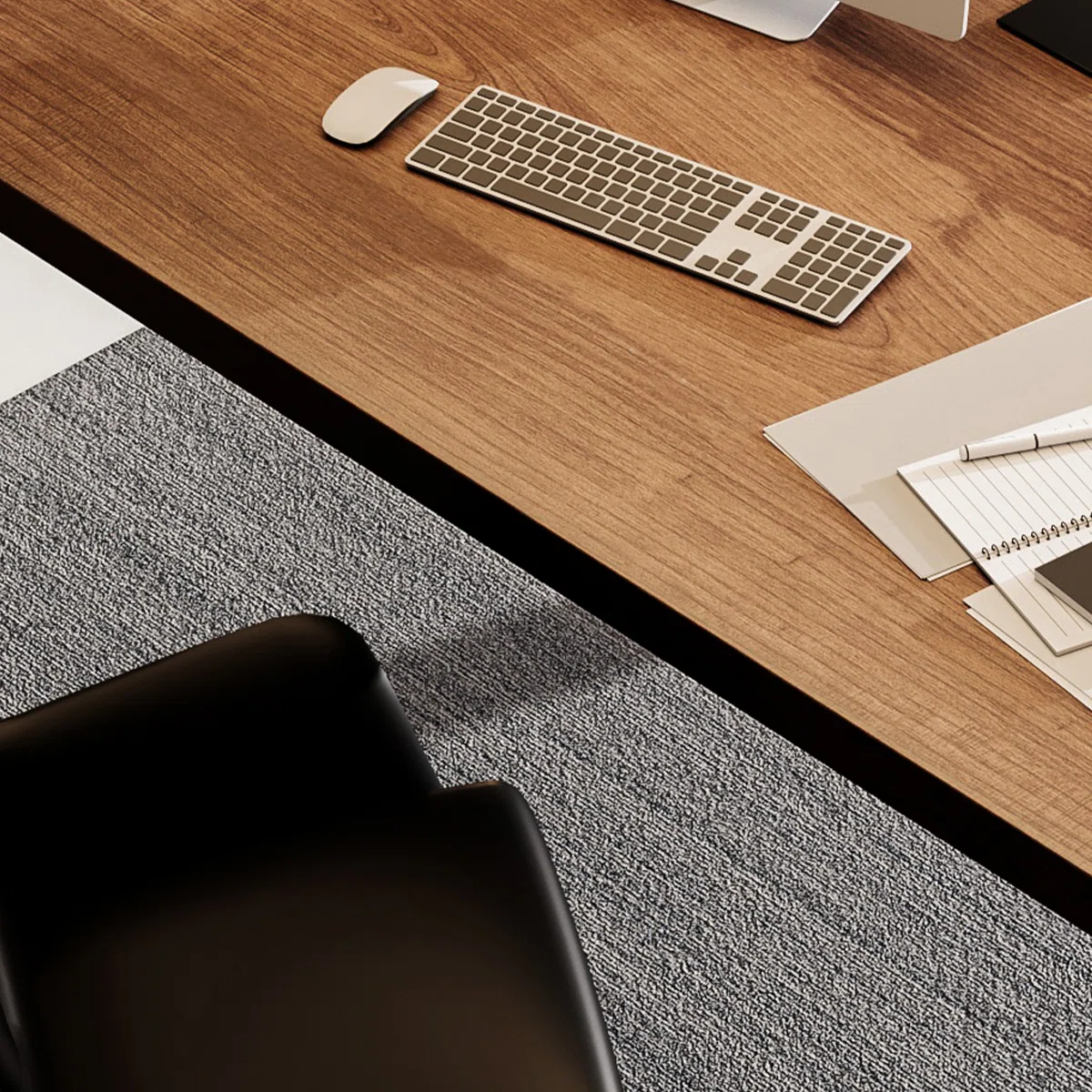 Brown solid wood minimalist executive desk with white legs, spacious surface, and integrated storage drawers