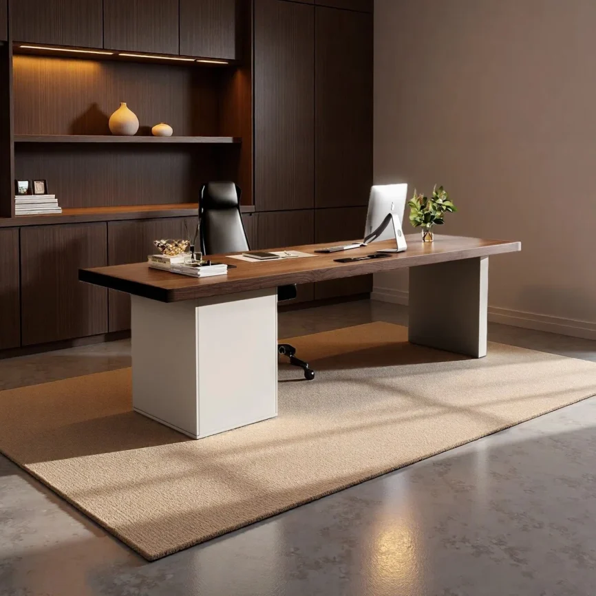 Brown solid wood minimalist executive desk with white legs, spacious surface, and integrated storage drawers