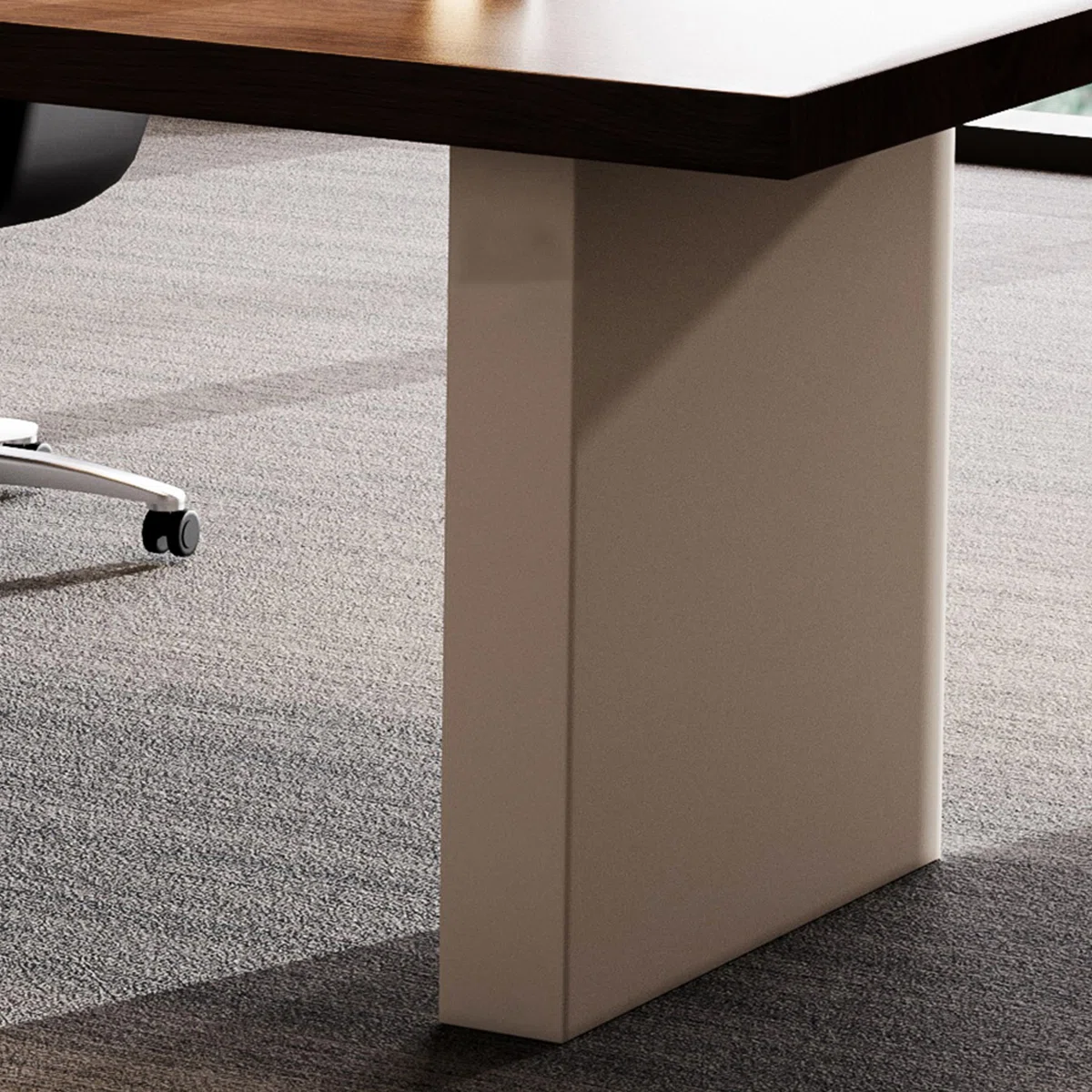 Brown solid wood minimalist executive desk with white legs, spacious surface, and integrated storage drawers