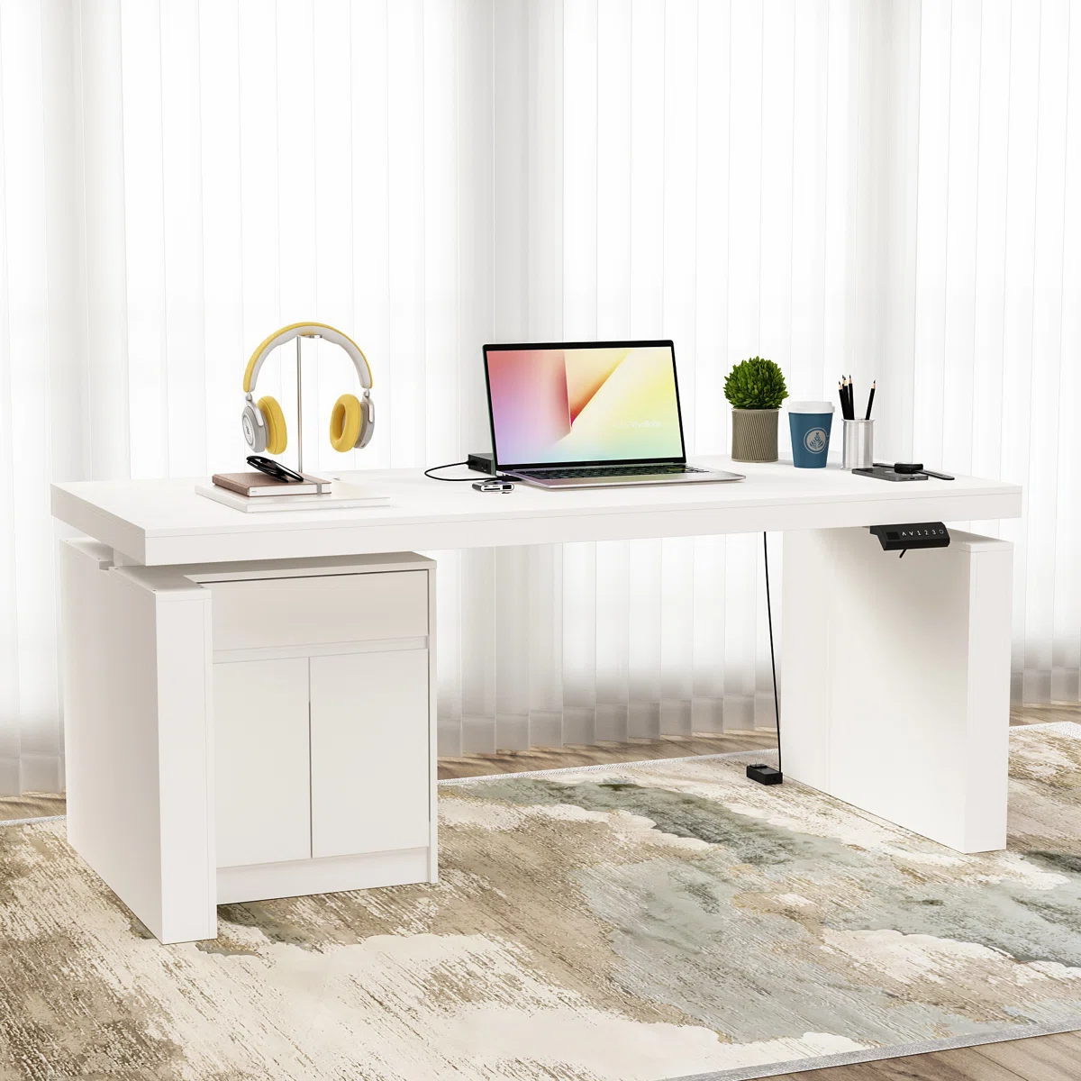 White height-adjustable standing desk with drawer and cabinet, 180 cm wide