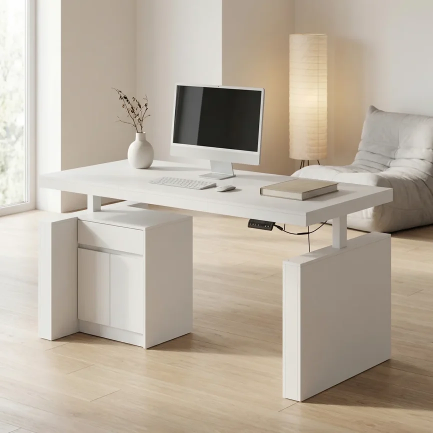 White height-adjustable standing desk with drawer and cabinet, 180 cm wide